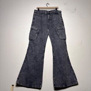 Manfinity Denim Jean Pant Women L Flared Bootcut Cargo Black Washed Punk Grunge